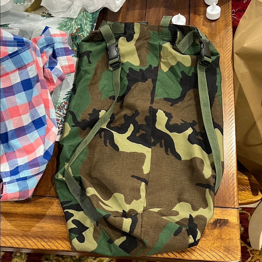 Camouflage Military Style Backpack bag woodland camo Velcro at top Like new - Picture 2 of 3